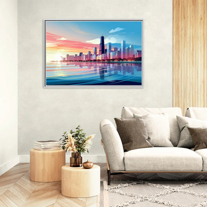 Chicago Skyline At Sunset - Living Room White Frame Canvas