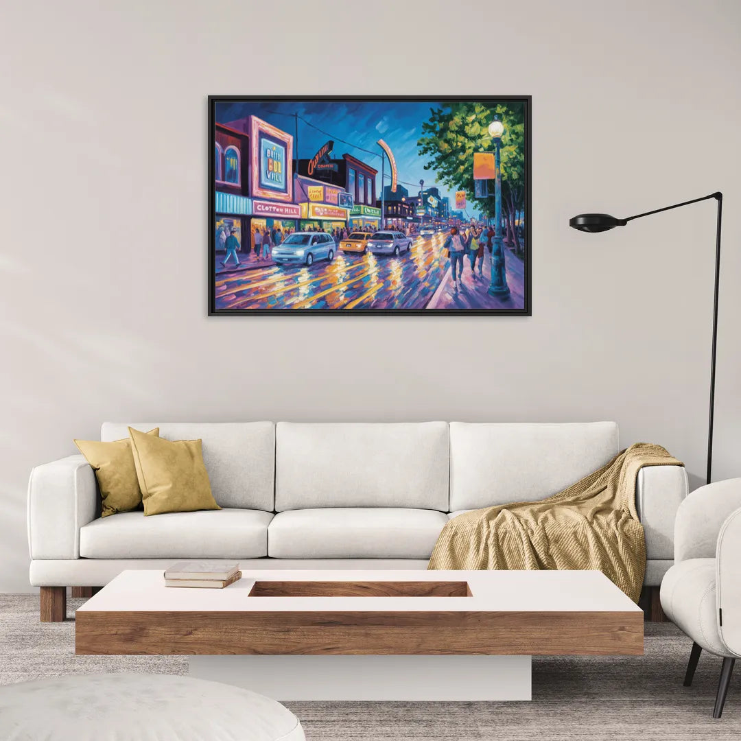 Clifton Hill Neon Lights - Living Room Black Frame Canvas