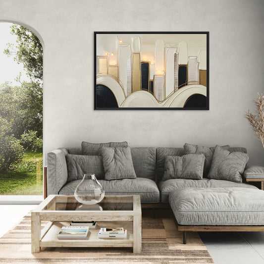 New York City Golden Glow Skyline - Living Room Black Frame Canvas
