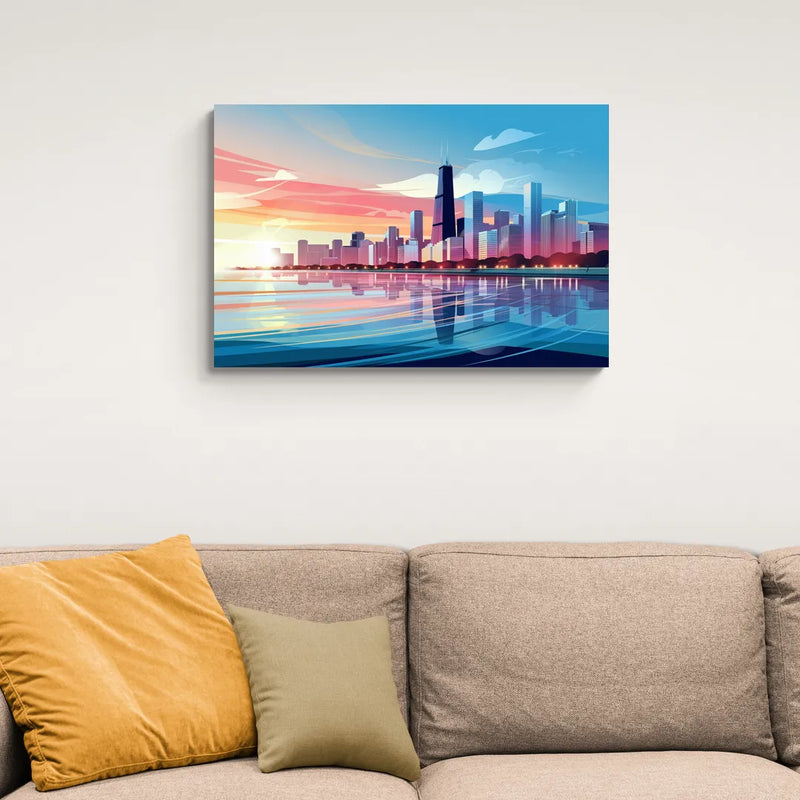 Chicago Skyline At Sunset - Canvas Wall Art Living Room