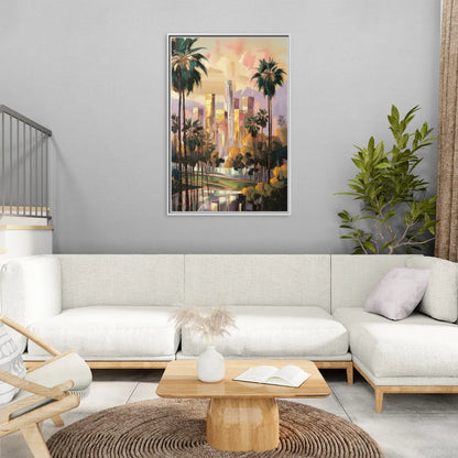 Los Angeles Palm Trees and Skyscrapers - Living Room White Frame Canvas