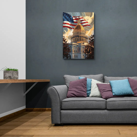Savannah Capitol with American Flag - Canvas Wall Art Living Room