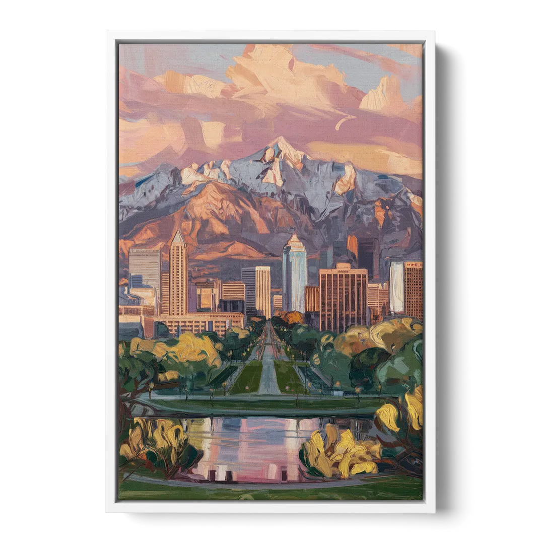 Salt Lake City Urban Landscape - White Frame Canvas