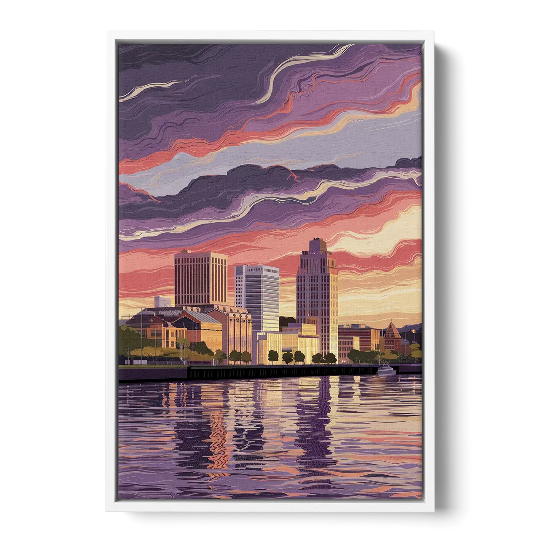 Norfolk Skyline at Sunset - White Frame Canvas
