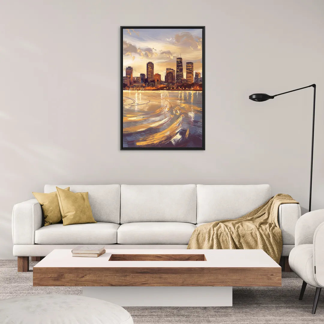 Boston Skyline with Charles River - Living Room Black Frame Canvas