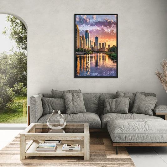 Riverside Modern Cityscape - Living Room Black Frame Canvas