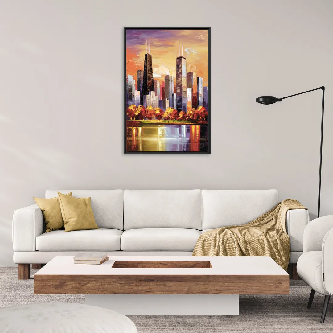 Chicago Skyline in Autumn - Living Room Black Frame Canvas