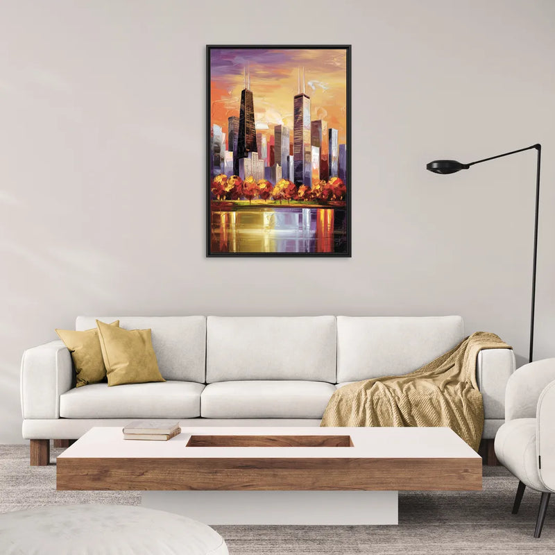 Chicago Skyline in Autumn - Living Room Black Frame Canvas