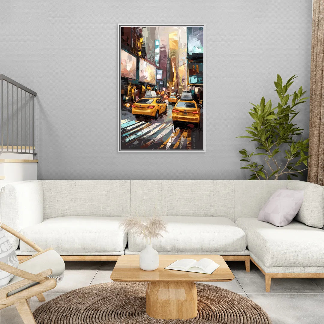 New York City Taxi Cabs - Living Room White Frame Canvas