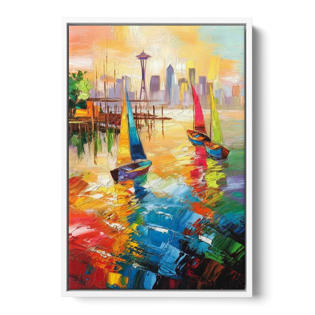 Seattle Waterfront Boats - White Frame Canvas