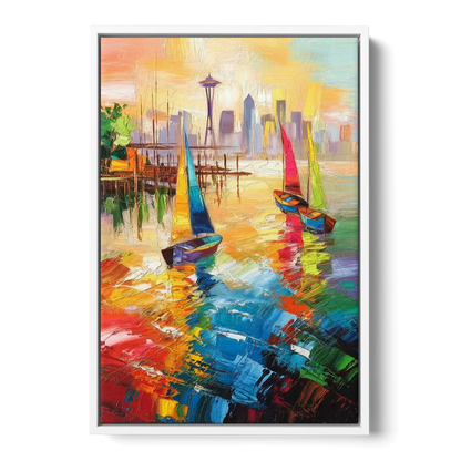 Seattle Waterfront Boats - White Frame Canvas