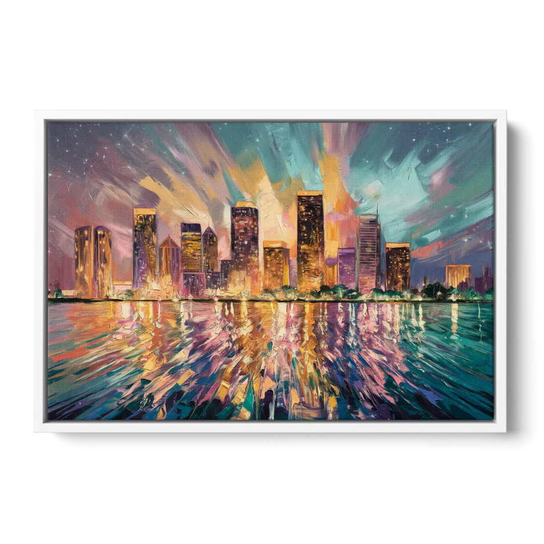 Tampa Cityscape Reflection - White Frame Canvas