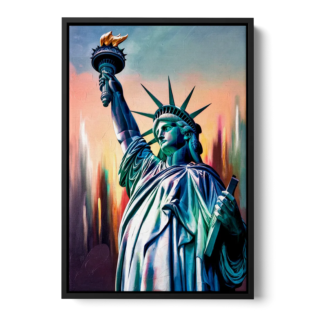 New York City Statue of Liberty Closeup Sky - Black Frame Canvas