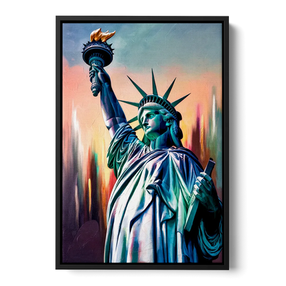 New York City Statue of Liberty Closeup Sky - Black Frame Canvas
