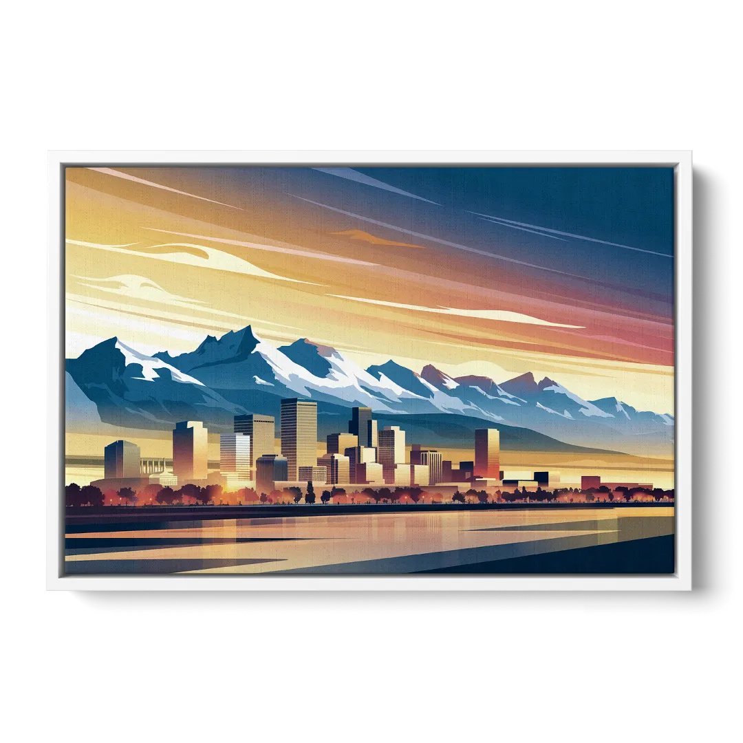 Denver Sunset Over Rockies - White Frame Canvas