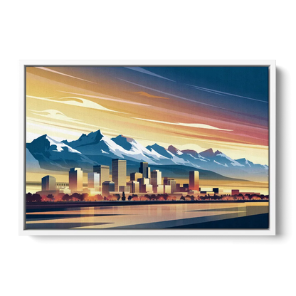 Denver Sunset Over Rockies - White Frame Canvas