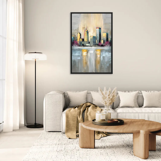 Buffalo Skyline in Winter - Living Room Black Frame Canvas