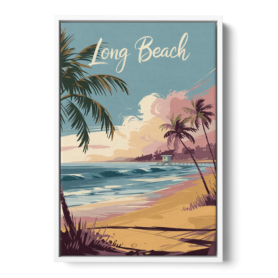 Long Beach California Coastal Scene - White Frame Canvas