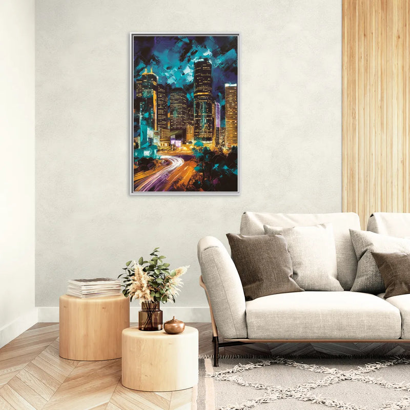 Houston Urban Nights - Living Room White Frame Canvas