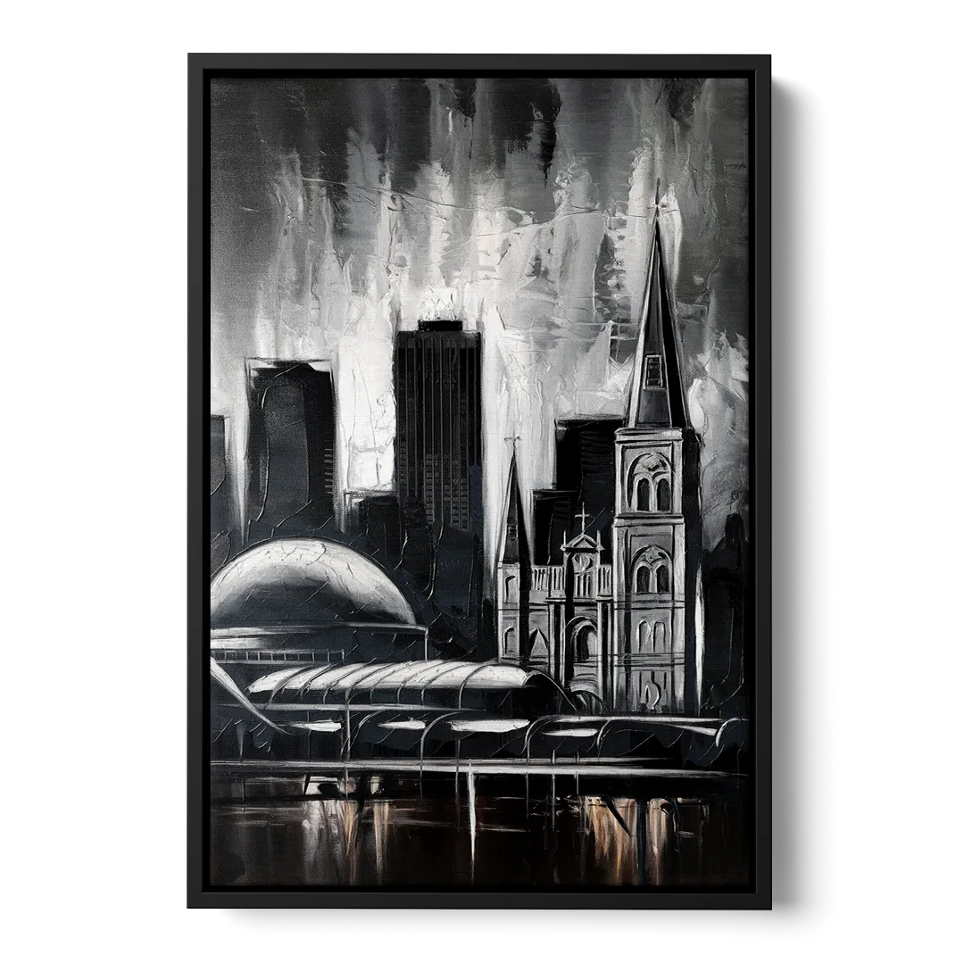 New Orleans Black and White Skyline - Black Frame Canvas