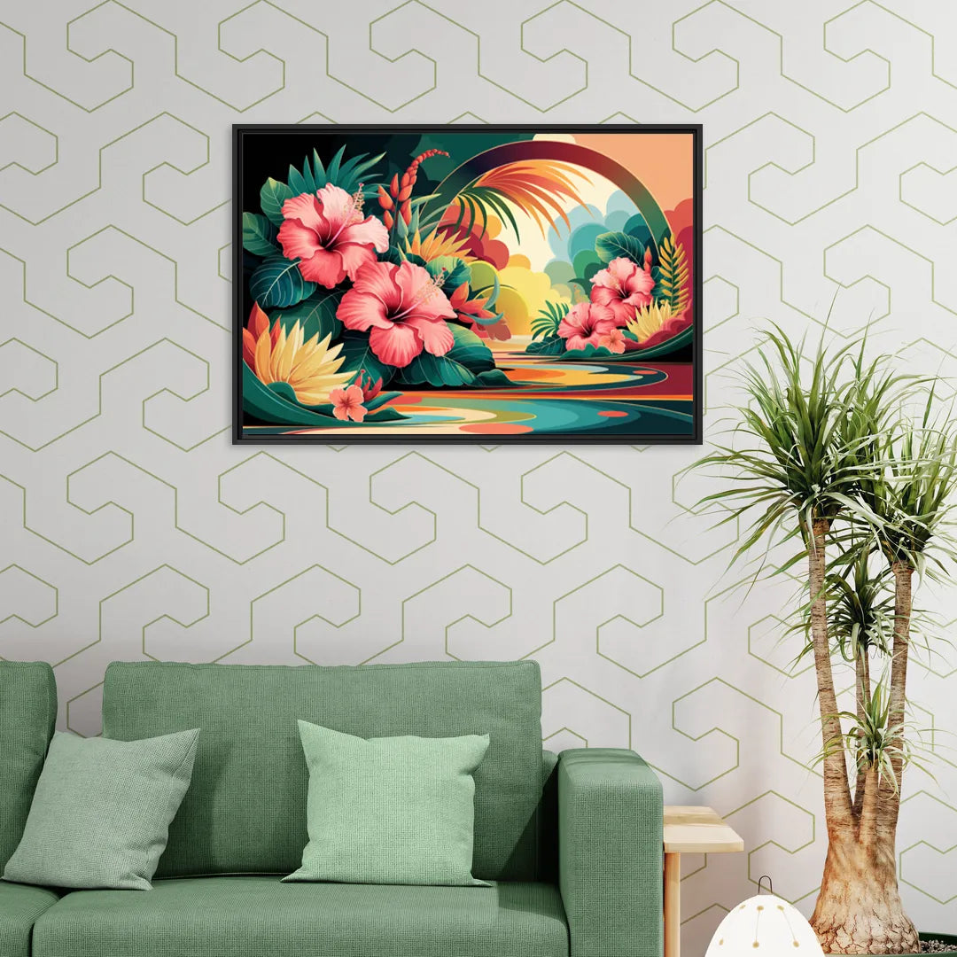 Honolulu Hawaiian Floral Design - Living Room Black Frame Canvas