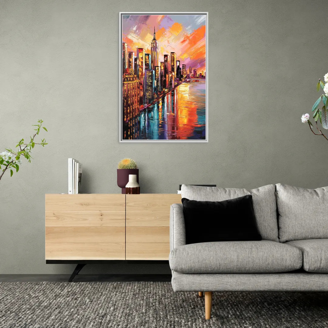 New York City Sunset Over Skyscrapers Hudson - Living Room White Frame Canvas