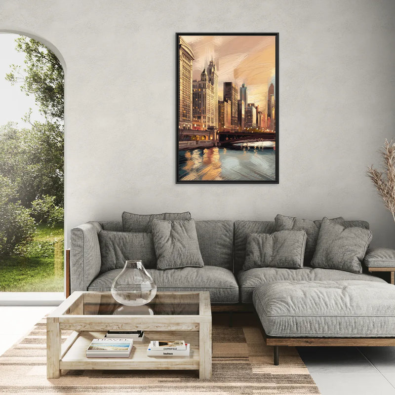 Chicago Architecture and Landmarks - Living Room Black Frame Canvas