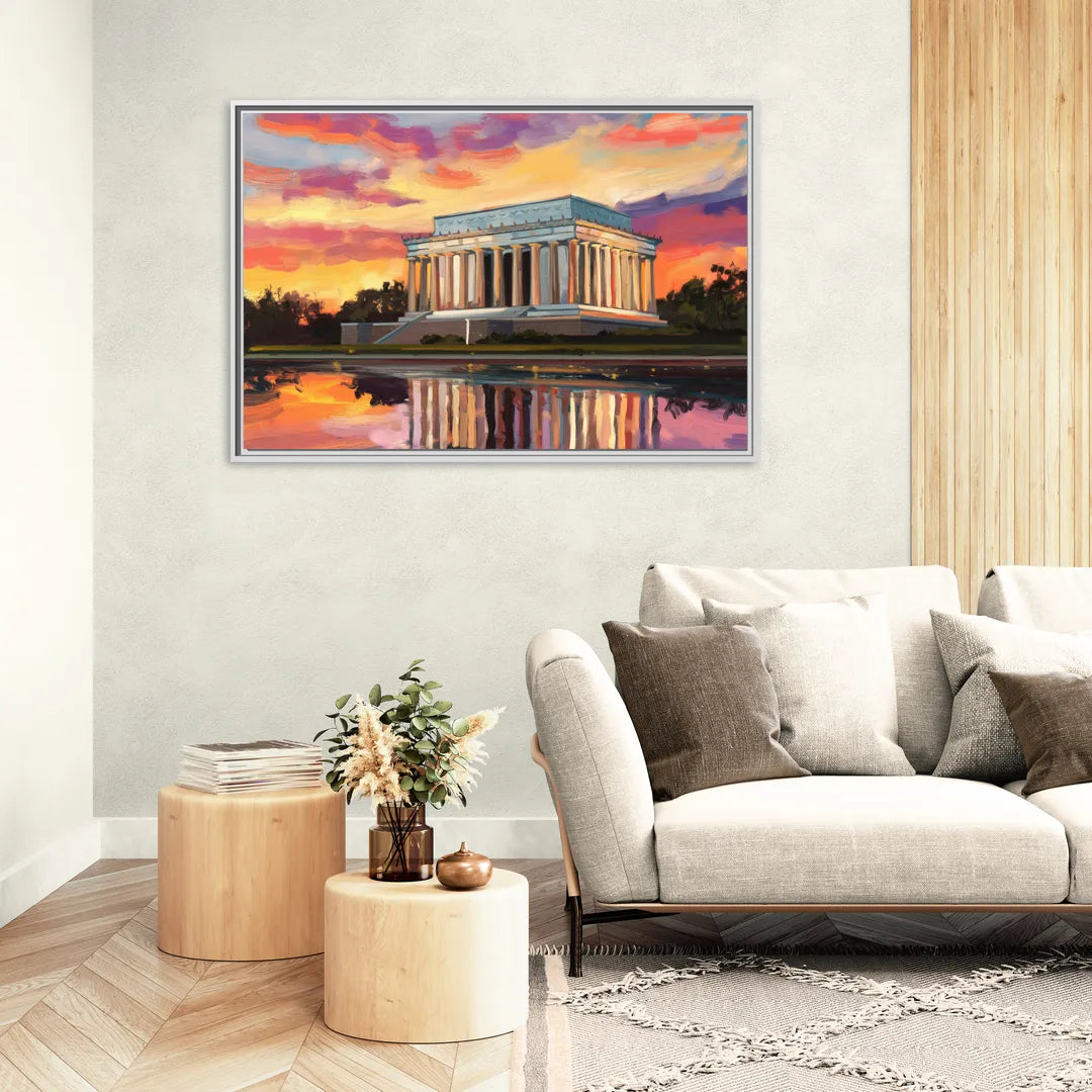 Lincoln Memorial Sunset - Living Room White Frame Canvas