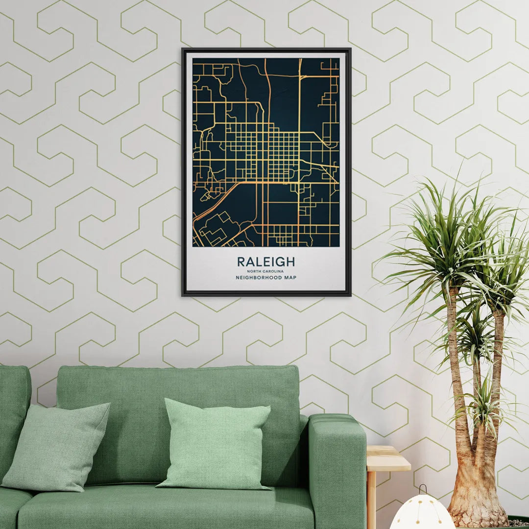 Raleigh Neighborhood Map - Living Room Black Frame Canvas