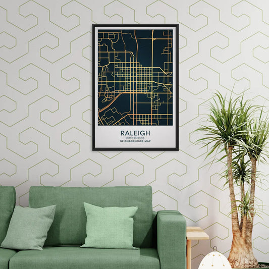 Raleigh Neighborhood Map - Living Room Black Frame Canvas