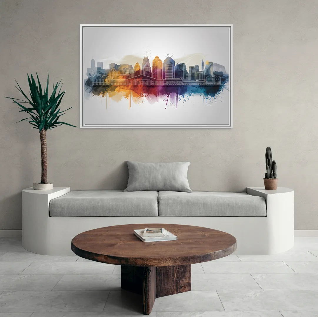Minneapolis Downtown Cityscape - Living Room White Frame Canvas