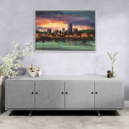 Traverse City Downtown Skyline - Living Room White Frame Canvas