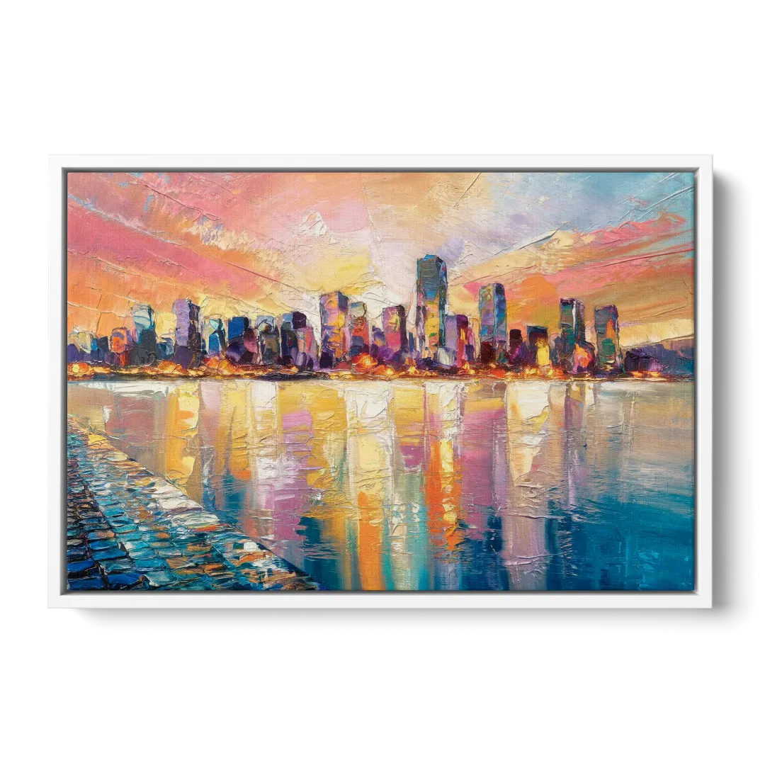 Boston Harbor Sunrise - White Frame Canvas