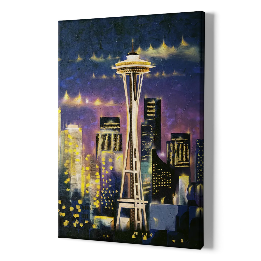 Seattle Space Needle Night Lights - Canvas Print Art Sides
