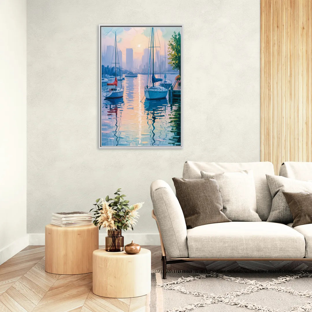 Coal Harbour Morning Light - Living Room White Frame Canvas