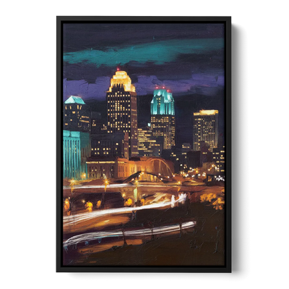 Kansas City Nighttime Skyline - Black Frame Canvas