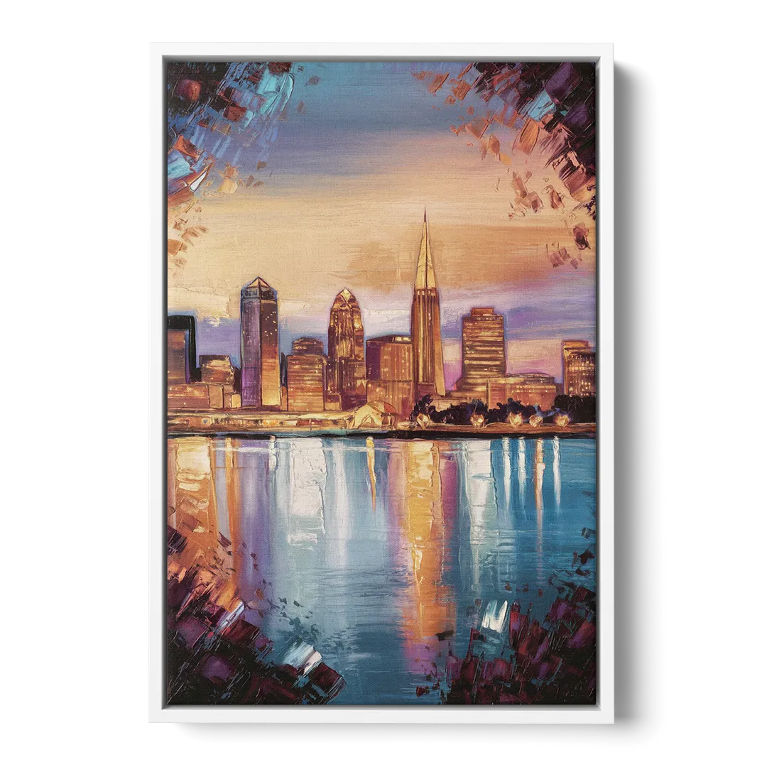 Cleveland Skyline Reflection - White Frame Canvas