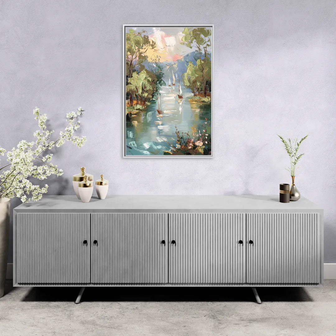 Eugene Riverfront Views - Living Room White Frame Canvas