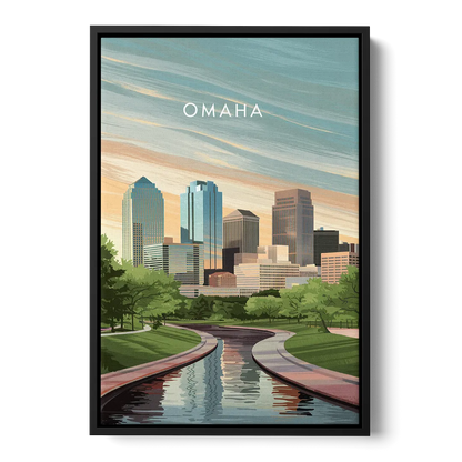 Omaha Downtown View - Black Frame Canvas