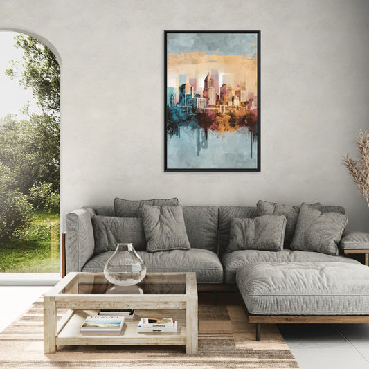 Indianapolis Cityscape in Watercolor - Living Room Black Frame Canvas