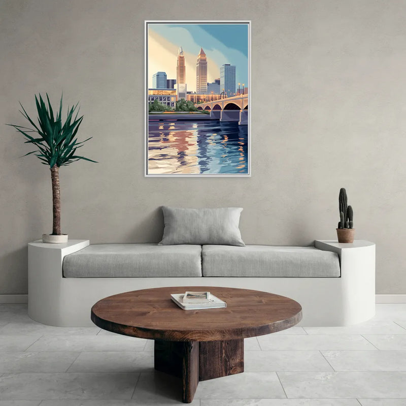 Cleveland Waterfront Views - Living Room White Frame Canvas
