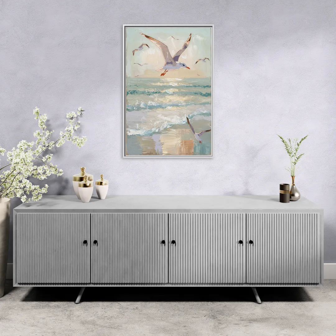Galveston Seagulls in Flight - Living Room White Frame Canvas