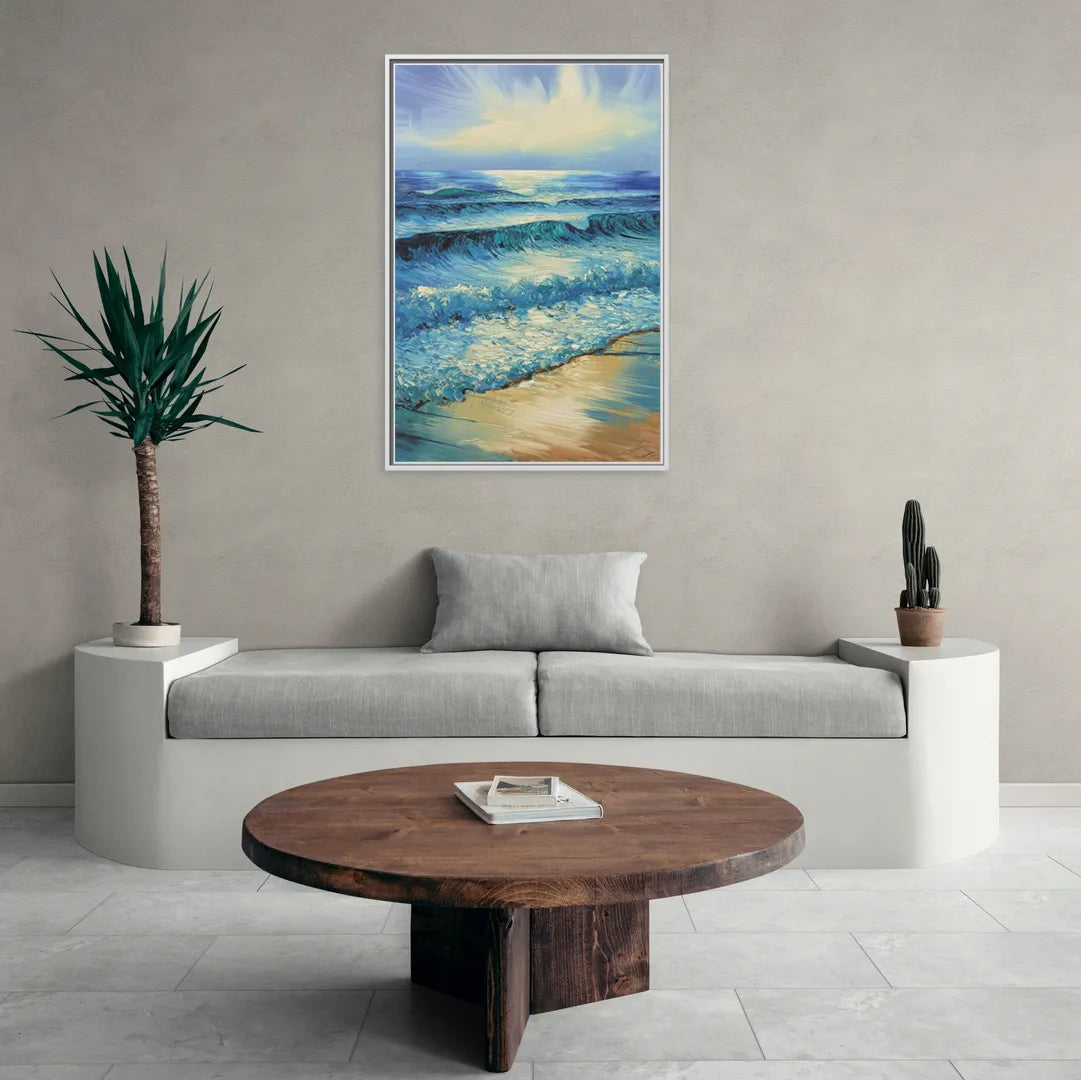 Honolulu Ocean Waves Scene - Living Room White Frame Canvas