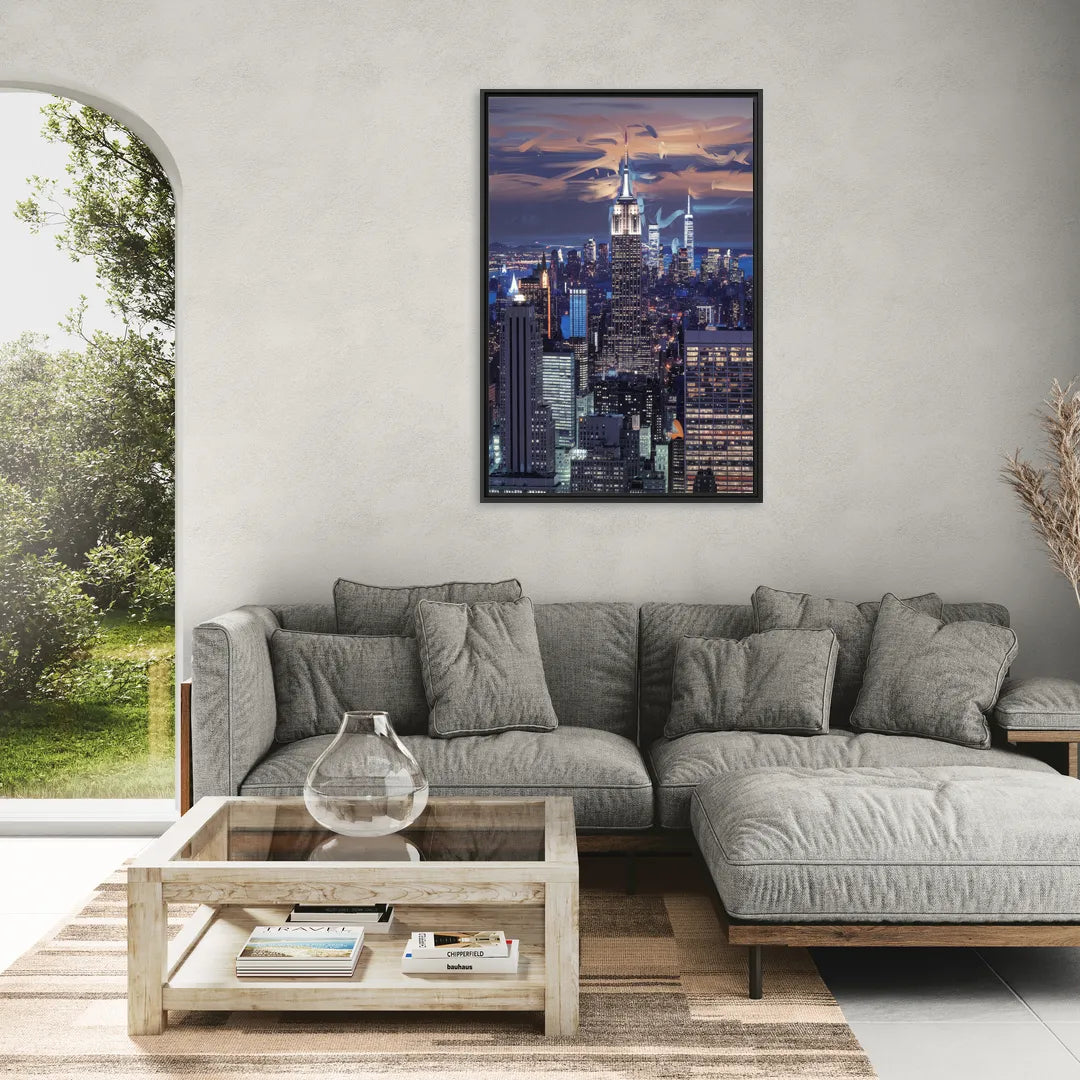 New York City Night Blue Lights Skyline - Living Room Black Frame Canvas
