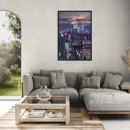 New York City Night Blue Lights Skyline - Living Room Black Frame Canvas