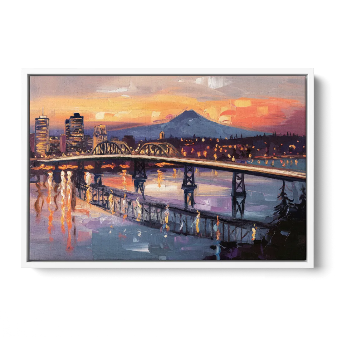 Portland Cityscape At Dusk - White Frame Canvas