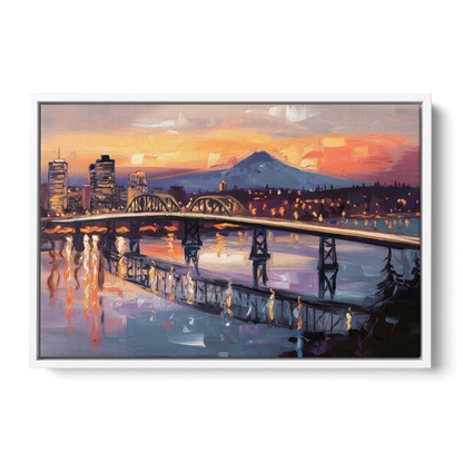 Portland Cityscape At Dusk - White Frame Canvas