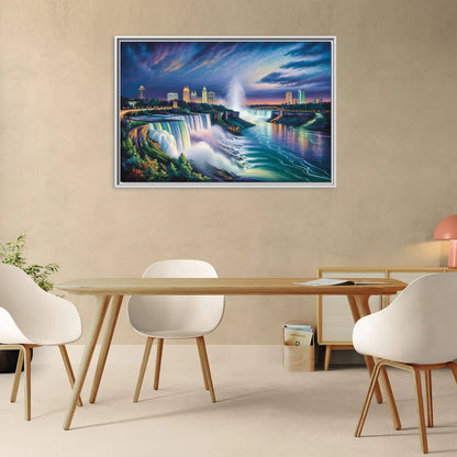 Niagara Night Skyline - Living Room White Frame Canvas