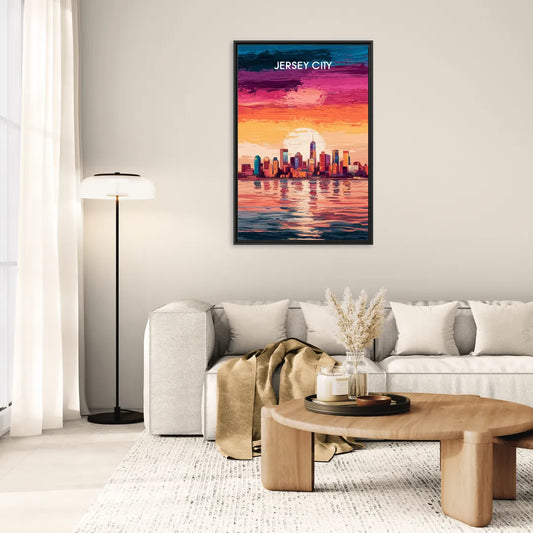 Jersey City Skyline Sunset - Living Room Black Frame Canvas