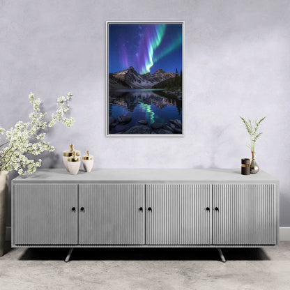 Aurora Mountain Reflection - Living Room White Frame Canvas